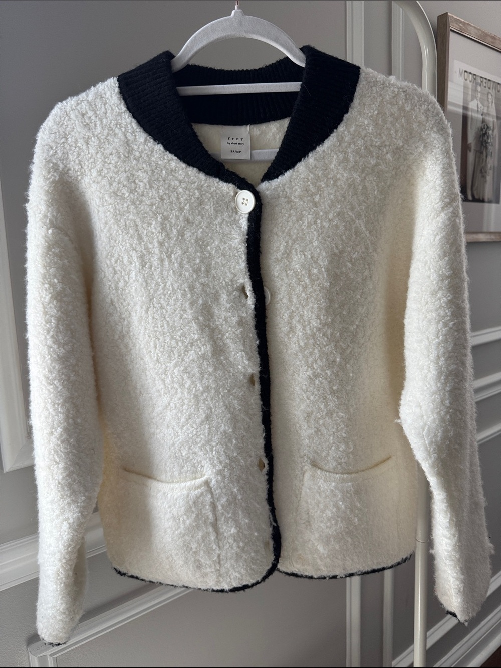 Cream Teddy Jacket with Black Trim - Cozy Women's Bouclé Coat